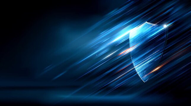 Abstraktes Cybersecurity-Konzept mit digitalem Schutzschild, Datenstr&ouml;men und blauen Lichtlinien