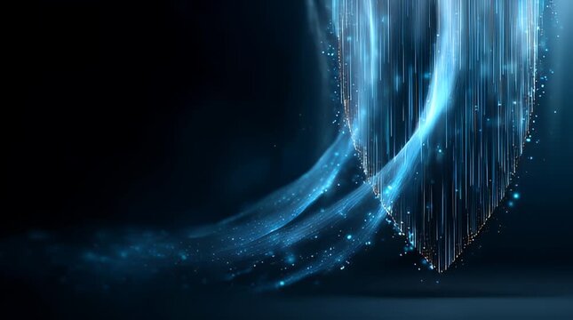 Abstraktes Cybersecurity-Konzept mit digitalem Schutzschild, Datenstr&ouml;men und blauen Lichtlinien