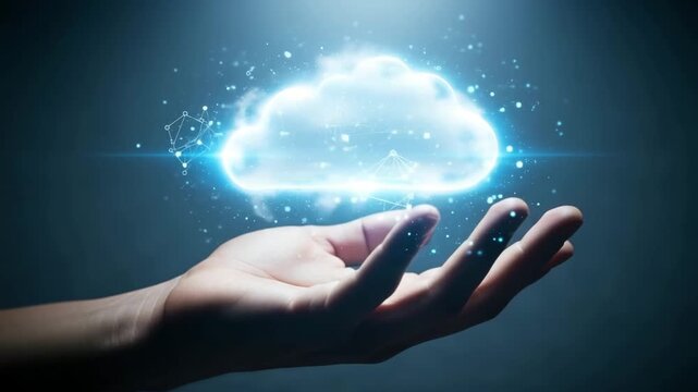 A human hand presents a glowing digital cloud, symbolising cloud computing and data connectivity motion animated video 4k.
