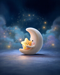 Cute smiling moon character hugging a glowing star in dreamy night sky with sparkles and soft clouds