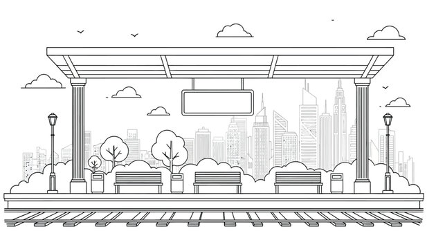 a detailed black and white line drawing depicts a train station platform with a cityscape backdrop including trees and benches high quality professional