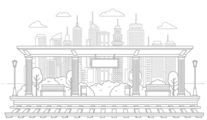 Obraz premium a detailed black and white illustration depicts a classic bus stop structure set against a sprawling urban skyline showing trees and benches