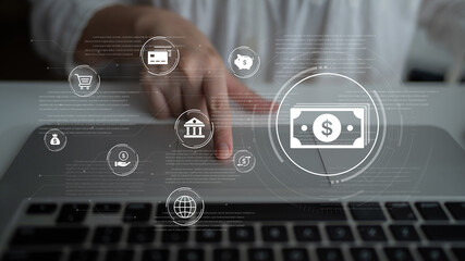 Fototapeta premium A fintech concept showing a network of digital banking services. This includes secure online payments, global transactions, and e-commerce for the modern financial system. Fermion