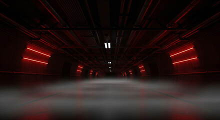 A dark futuristic corridor illuminated by ominous red neon lights and thick fog, perfect for gaming backgrounds and sci-fi concepts