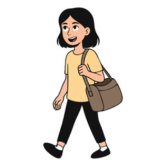 Illustration of young girl with short black hair walking while carrying a brown shoulder bag