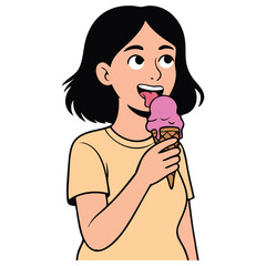 Illustration of young woman with black hair enjoying a scoop of pink ice cream in a waffle cone