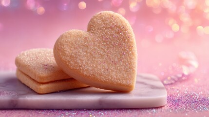Obraz premium Heart-shaped cookie with sugar sparkle on marble coaster surface