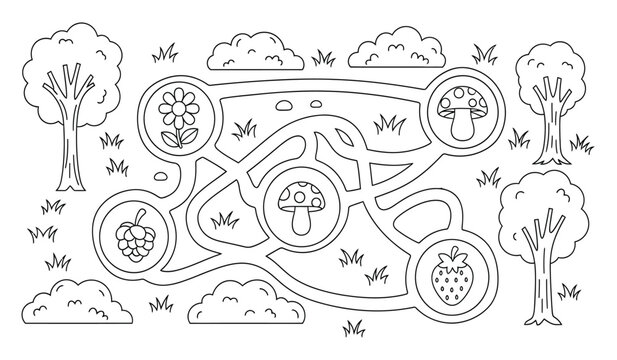 a whimsical black and white illustration depicts a winding garden path with trees flowers and various fruits creating a charming maze like scene