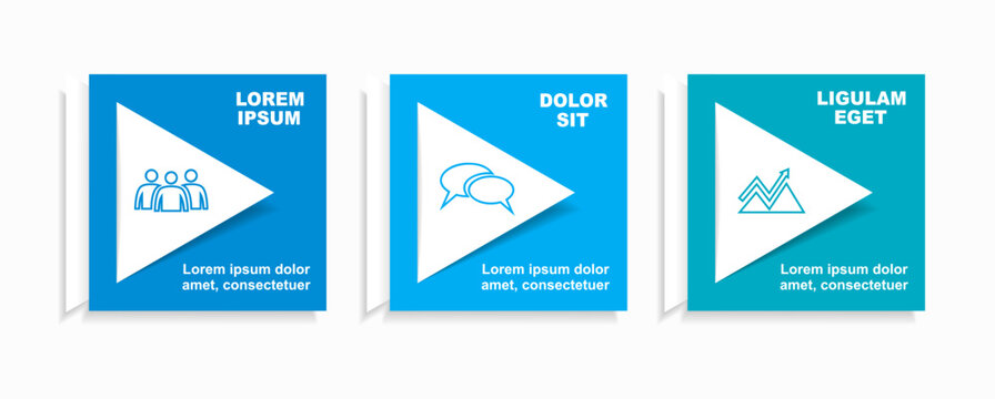 Three square infographic blocks with icons, headings, ideal for business, teamwork, and visual communication. Vector illustration.