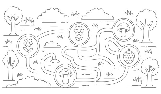 a whimsical line drawing depicts a playful forest path featuring trees mushrooms flowers and berries in a maze like arrangement high quality professional