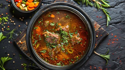 A close up of a bowl of soup with meat and vegetables on a dark textured surface and wooden board