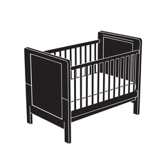 Baby Crib Minimalist Modern Black Silhouette on White Background for Nursery Decor