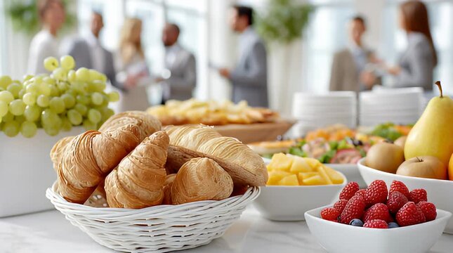 Business Fr&uuml;hst&uuml;cksbuffet mit Croissants, Obst und Getr&auml;nken bei Firmenevent