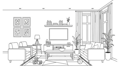 a minimalist living room interior design featuring a large television comfortable seating and decorative plants presented in a detailed line drawing style