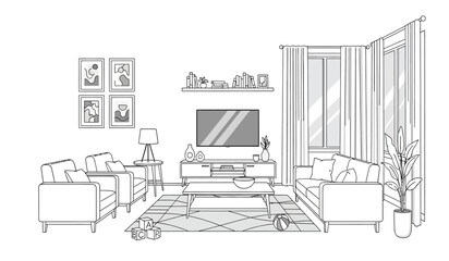 Fototapeta premium A minimalist living room scene showcasing a modern sofa framed artwork a television and indoor plants creating a cozy atmosphere high quality professional