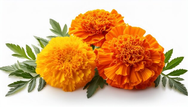 Marigolds Yellow And Orange Flowers With Green Leaves Isolated On White Background - Powered by Adobe