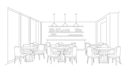 Obraz premium a minimalist line drawing depicts a cozy cafe interior featuring tables and chairs shelves and pendant lighting creating a calm atmosphere high quality