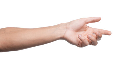 Man holding something on white background, closeup