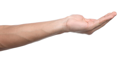 Man holding something on white background, closeup