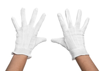 Obraz premium Woman in cloth gloves on white background, closeup