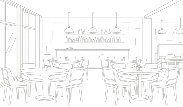 a detailed line drawing showcases a bright and airy cafe interior featuring tables chairs a bar and shelving with decorative items high quality
