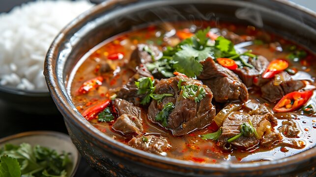 A close up of a bowl of stew with beef chunks and red peppers with rice on the side dish on a table