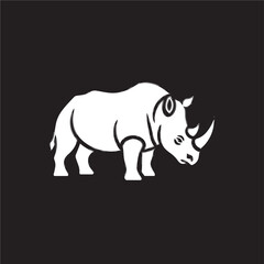 White rhinoceros illustration in minimalist style with bold lines on black background for logo design