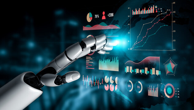 A sleek robotic hand reaches out to touch a vibrant digital interface showcasing data visualizations and analytics, symbolizing technological advancement and innovation. Impute - Powered by Adobe