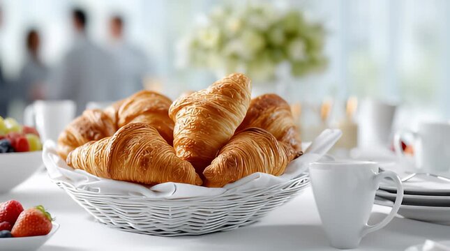 Business Fr&uuml;hst&uuml;cksbuffet mit Croissants, Obst und Getr&auml;nken bei Firmenevent