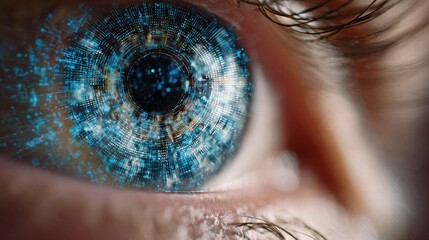 closeup of an eye with intricate blue digital patterns suggesting advanced biometric technology for scanning or security purposes