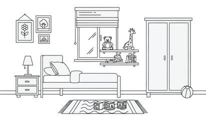 a charming black and white illustration depicts a cozy children s bedroom featuring a bed wardrobe window and playful decorative elements high quality