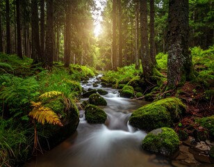 Forest stream flowing smoothly over mossy rocks with sunbeams filtering through trees, creating a tranquil, lush scene