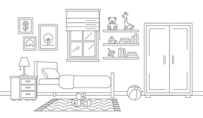 a simple line drawing depicts a cozy children s bedroom featuring a bed wardrobe window bookshelf and playful decorative elements throughout the room © rsvect02