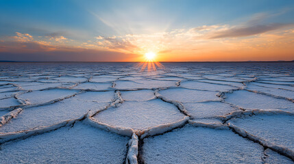 Cracked salt flats under a vibrant sunset sky cracked earth