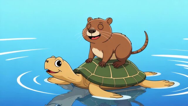 Playful nutrea riding turtle across calm blue river in sunny day
