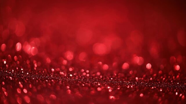 Red glitter background with sparkling bokeh lights and shimmering texture.