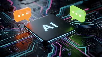 AI communication microchip on digital circuit board with chat technology, futuristic neon connections, machine learning processor and data flow artificial intelligence video - Powered by Adobe