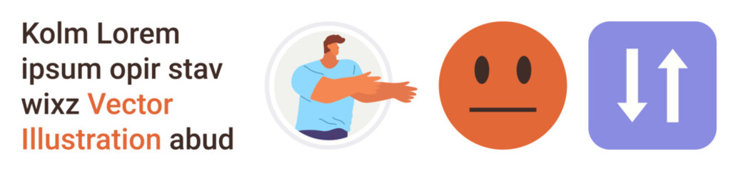 Fototapeta premium Communication, emotional expression, decision-making, conceptual , social cues, online interaction. Person gesturing toward icons including a neutral face and directional arrows. Communication