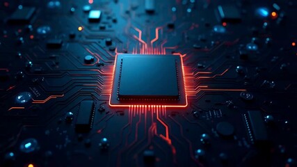Digital chip glowing core technology cpu microprocessor circuit board futuristic electronic processor system innovation high performance computing hardware neon tech background video - Powered by Adobe