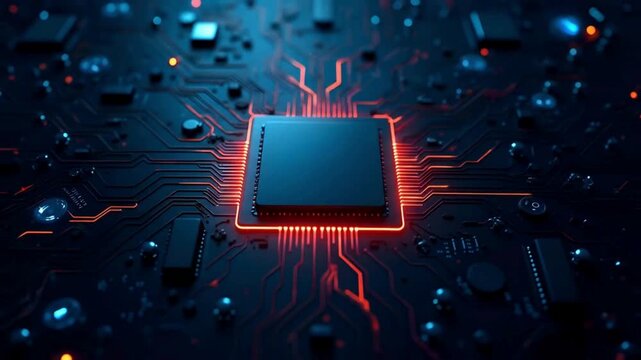 Digital chip glowing core technology cpu microprocessor circuit board futuristic electronic processor system innovation high performance computing hardware neon tech background video