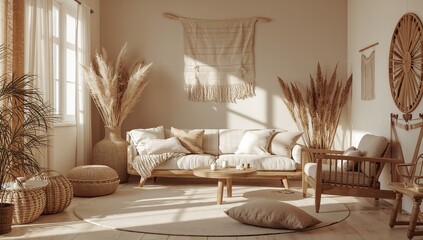 Cozy Neutral Boho Living Room with Pampas Grass