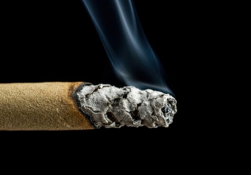 Detailed macro photograph of smoking tobacco stick, showing fine gray ash particles and the delicate trails of smoke drifting into darkness ,ephemeral ,butt ,combustion