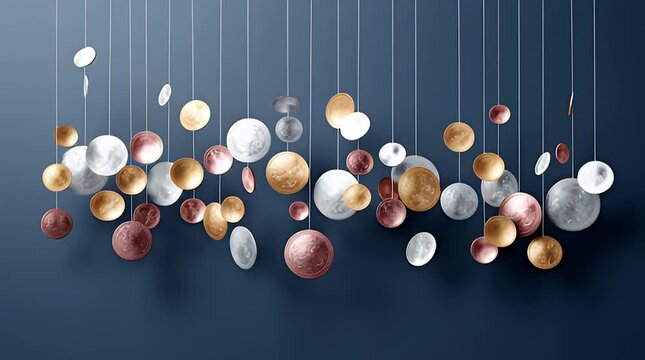Abstrakte schwebende Metallformen in Gold-, Kupfer- und Silbert&ouml;nen