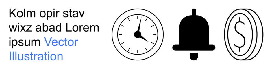 Obraz premium Time management, notifications, financial planning, business reminders, alarm systems, monetary focus. Clock, bell and dollar coin line icons. Time management and notifications visualization
