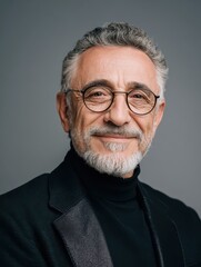 portrait of a mature businessman wearing glasses on grey background happy senior latin man looking at camera isolated over grey wall with copy space close up face of happy successful business man no 