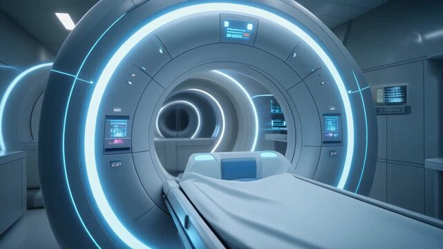 Futuristic medical laboratory with a row of advanced mri scanners. High tech diagnostic equipment for healthcare and scientific research in a modern hospital environment