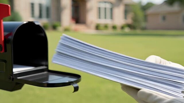 Sequence showing a gloved hand removing a large stack of letters from a residential mailbox. Direct mail marketing campaign and bulk correspondence delivery concept