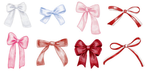 Watercolor ribbon bows set in soft pastel and red tones. Hand painted decorative bows isolated on white background, perfect for gift wrapping, holiday designs, invitations, cards, branding