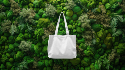 White tote bag mockup hanging on a lush green moss wall