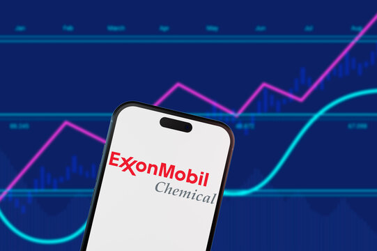 Perrysburgh,Ohio,USA-January 12 2025: ExxonMobil logo on a smartphone screen. Illustrates the energy sector, oil and gas industry, and commodity stock market trading